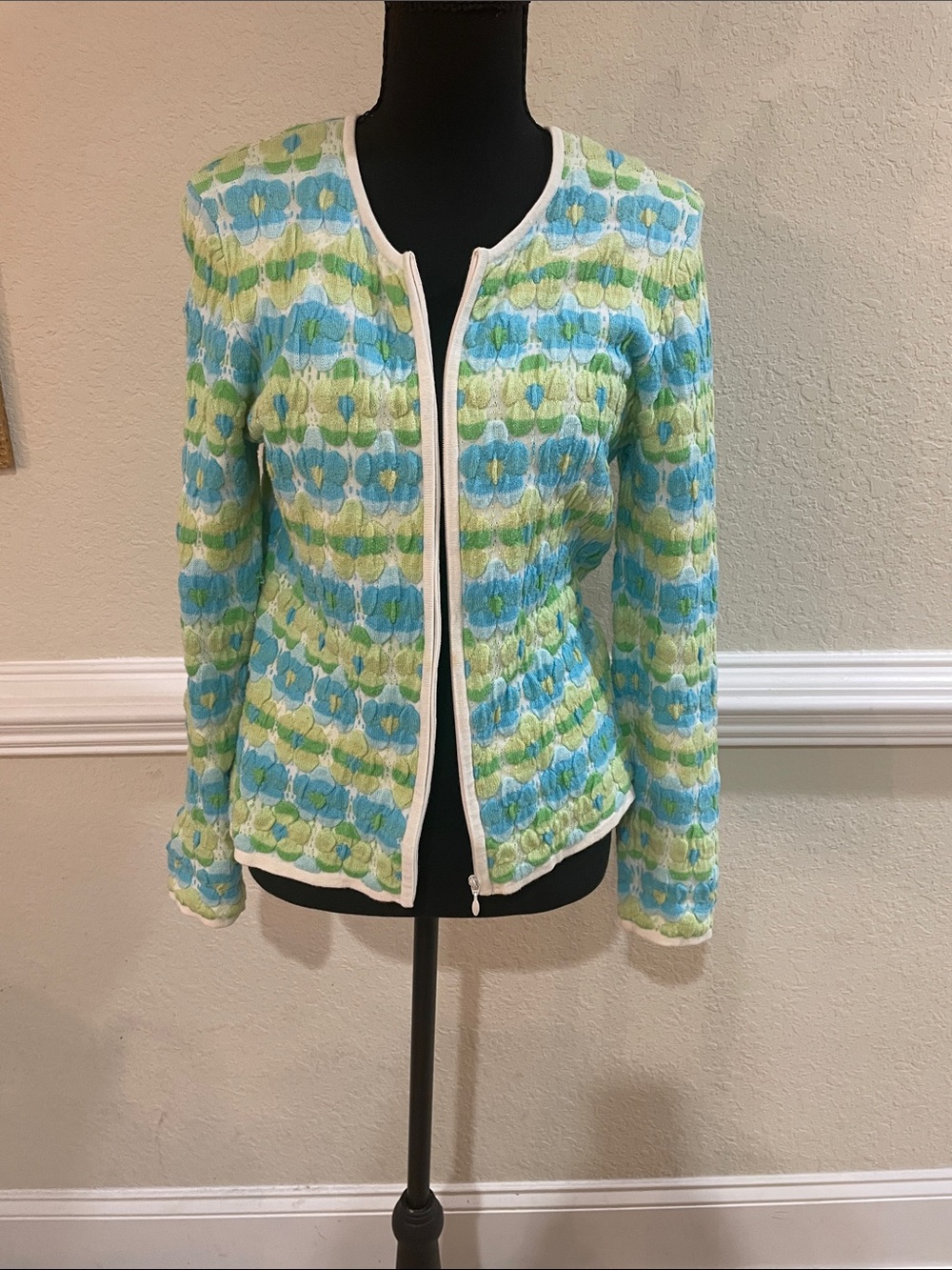 Talbots Pastel Blue, Green & White Patterned Cardigan